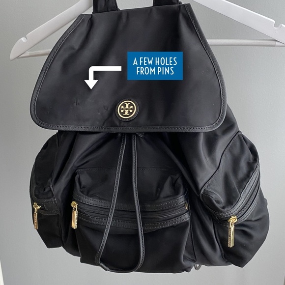 Tory Burch Brown & Black Saffiano Leather Nylon Gold Hardware Backpack Bag  — Labels Resale Boutique